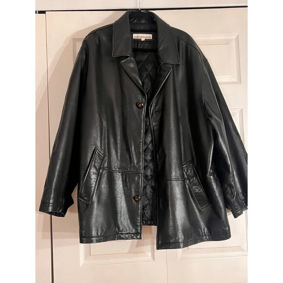 Perry Ellis Heavy Leather Jacket XLQuilted Lining Tortoise Shell Buttons